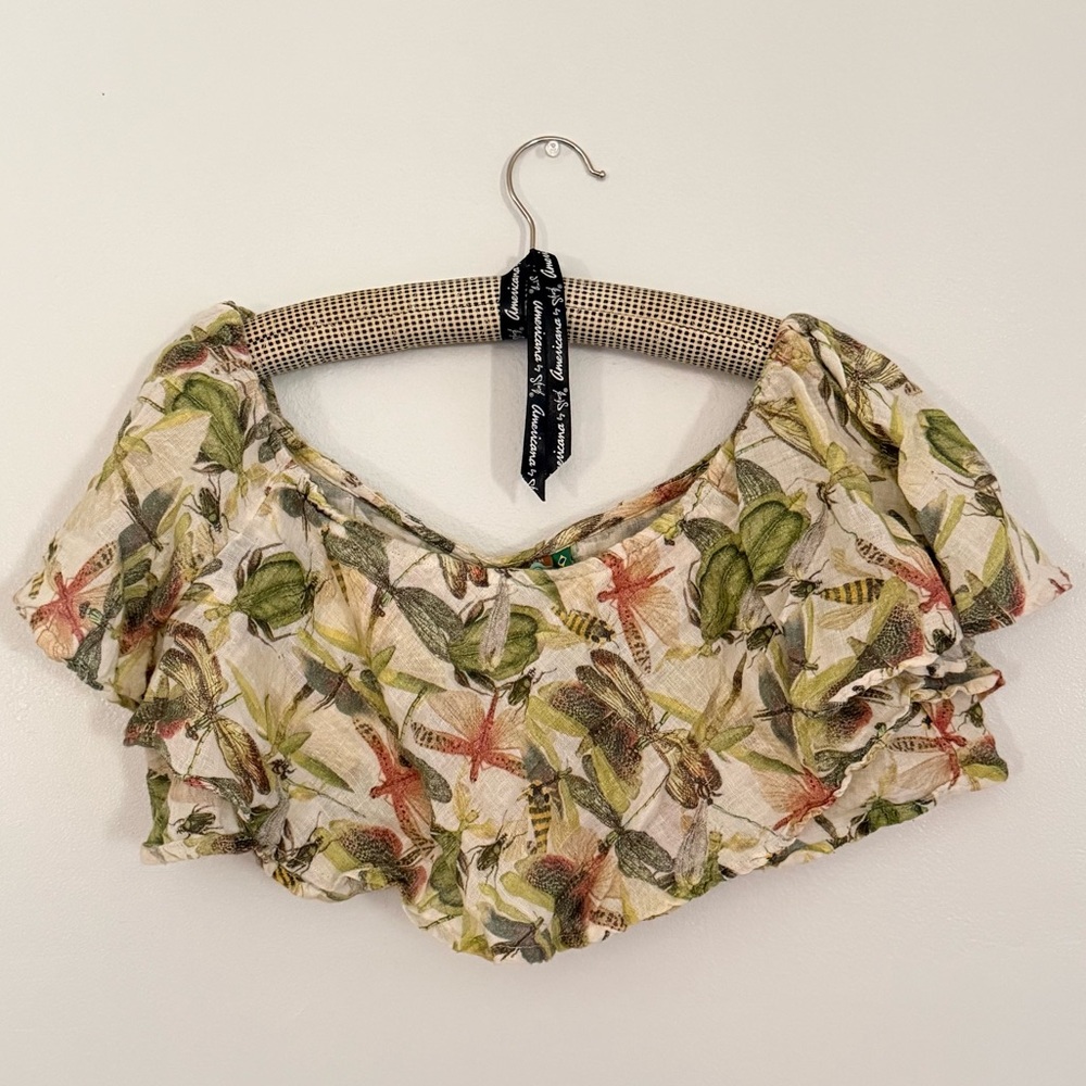 Farm Rio Tropical pattered off the shoulder linen crop top size M